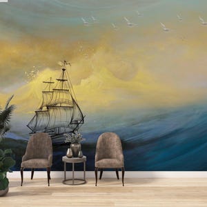 Old Sailing Ship at Sea Wall Mural – Dreamy Nautical Art with Waves, Seagulls – Vintage-Inspired Wallpaper – Peel & Stick or Traditional