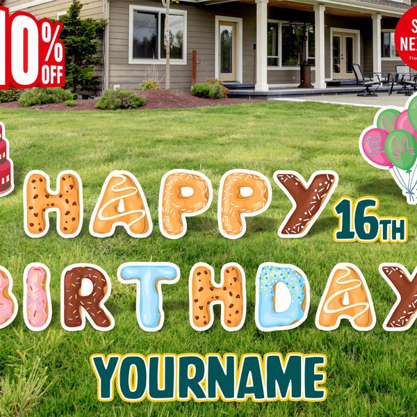 DONUT Happy Birthday Yard Sign, HBD Lawn Signs, Outdoor Lawn Decorations, Ornaments, with H-Stakes, Custom Name & Age 13 Inch,18 Inch.