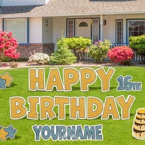 May include: Happy 16th Birthday yard sign with gold glitter letters and blue stars. The sign includes the text "Happy 16th Birthday YOURNAME" and a cake graphic.
