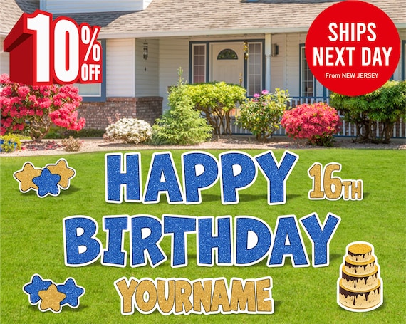 Glitter Happy Birthday Yard Sign, Custom Name, Outdoor Lawn Ornaments, Comes with Stakes