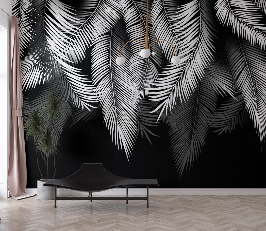 Black and White Palm Leaf Wall Mural – Elegant Tropical Wallpaper for ...
