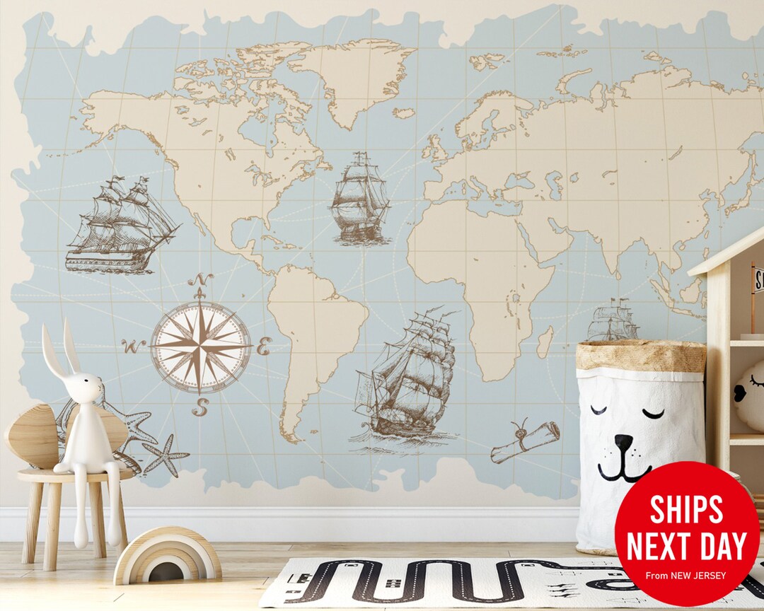 Hand Drawn World Map With Compass Anchor Sailing Boat Wallpaper | Peel ...