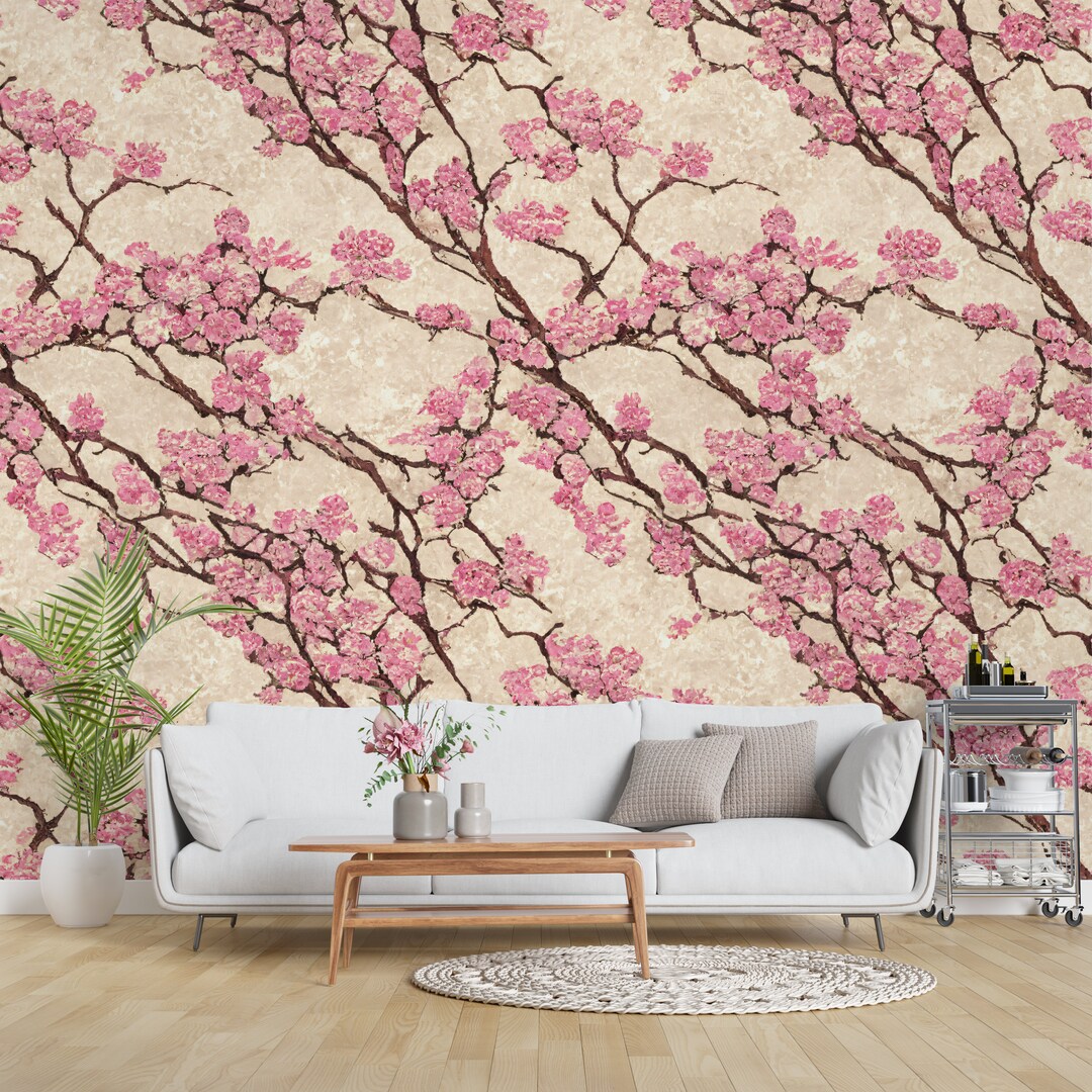 Oil Painting Cherry Blossom Wallpaper Pattern Wall Mural Peel and Stick Self Adhesive or Pasted
