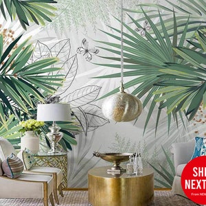 Hand Painted Tropical Plants | Rain Forest | Palm Leaf Mural | Peel and Stick Self Adhesive or Pasted | Removable Wallpaper | Custom Size