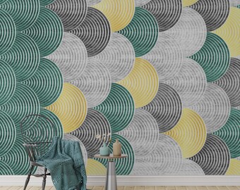Modern Art Deco Scallop Wallpaper, Teal Gold Grey, Peel and Stick