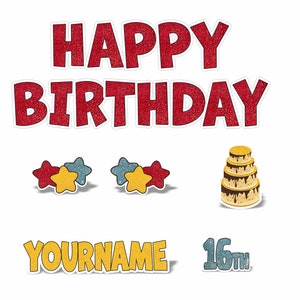 May include: Red glitter Happy Birthday banner with a yellow glitter YOURNAME banner and a blue glitter 16th banner. There are also two sets of red, yellow, and blue stars and a yellow and brown cake with chocolate icing.