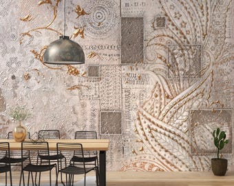 Shabby Chic Textured Wallpaper Faux Stone Floral Backdrop Gold Geometric Accent Wall - Peel and Stick Custom Size Wallpaper