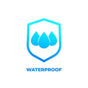 May include: A blue and white logo with a shield shape and three water drops inside. The text "WATERPROOF" is below the shield.