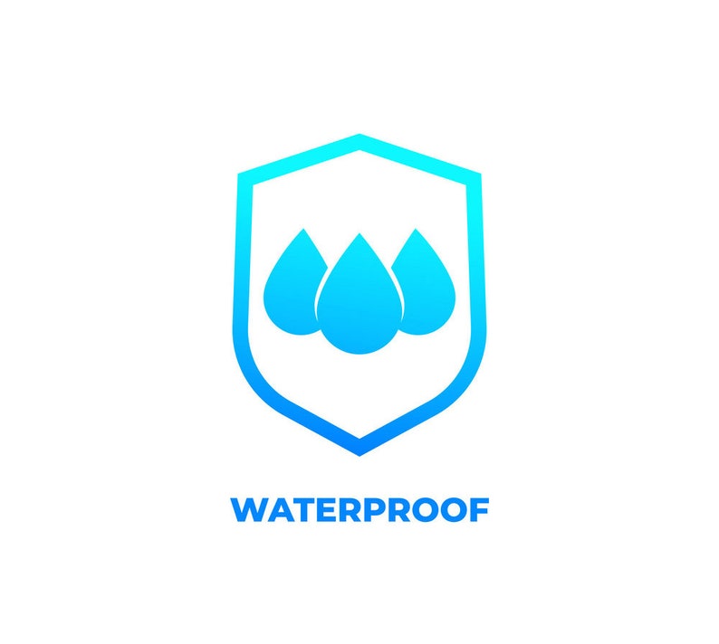 May include: A blue and white logo with a shield shape and three water drops inside. The text "WATERPROOF" is below the shield.