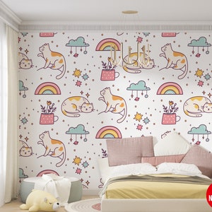 Cat Pattern with Rainbow Children's Room Wallpaper Wall Mural  Peel and Stick Self Adhesive or Pasted Removable Wallpaper, Nursery Wallpaper