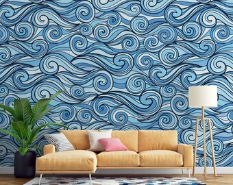 Peel and Stick Blue Ocean Waves Abstract Wallpaper, Self Adhesive or Pasted, Modern Wall Mural, Line Art Wallpaper