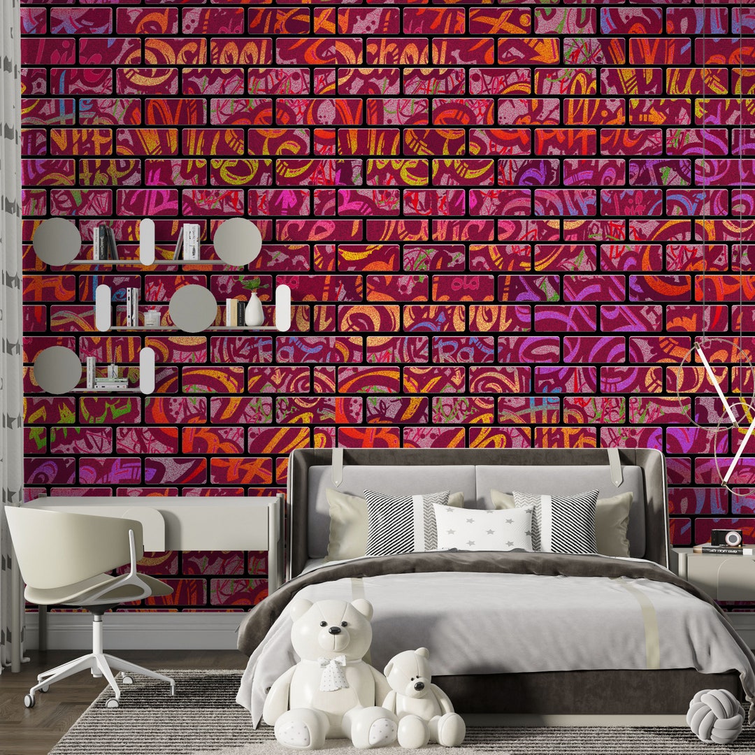 Textured Brick and Graffiti Peel and Stick Wallpaper, Self Adhesive or