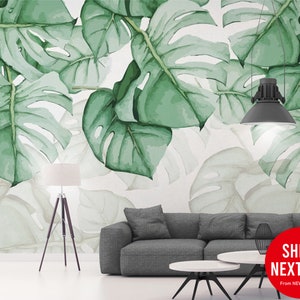 Hand Painted Tropical Plant Wallpaper Mural | Peel and Stick Self Adhesive or Pasted | Removable Wallpaper | Custom Size