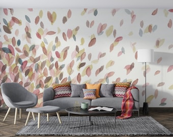 Watercolor Botanical Wallpaper with Falling Leaves – Contemporary Peel and Stick Wall Mural for Elegant Home Decoration, Backdrop Leaves