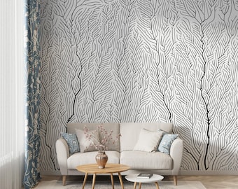 Organic Line Drawing Wallpaper, Abstract Black and White Patterned Wall Mural for Sophisticated and Modern Room Makeovers