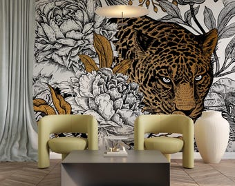 Leopard Floral Mural Wallpaper, Sketch Style, Gold & Black, Peel and Stick