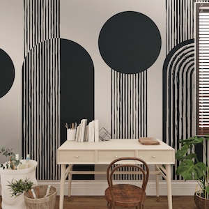 Luxury Monochrome Geometric Wallpaper – Artistic Black and White Circle, Arch & Stripe Pattern Wall Mural for Modern Statement Spaces