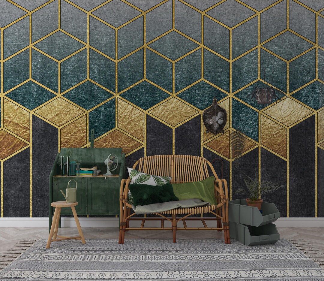 Gold Geometric Art Deco Wallpaper Mural – Ombre Teal & Black Cube ...