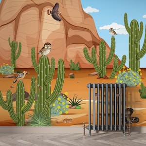 Southwest Desert Animal Mural with Cactus and Wildlife – Hand-Drawn Wallpaper for Kids Rooms, Peel and Stick - Self Adhesive or Pasted