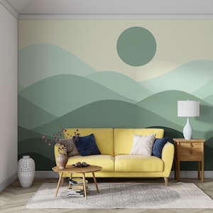 Contemporary Abstract Green Mountain Landscape Wallpaper – Layered Rolling Hills Mural for Tranquil Atmosphere in Home or Work Spaces