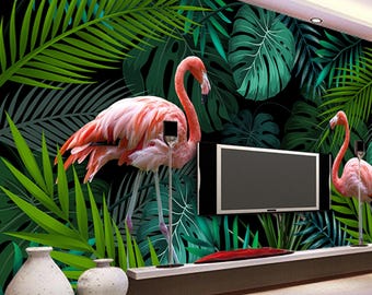 Tropical Flamingo Wallpaper | Peel and Stick Rainforest Mural