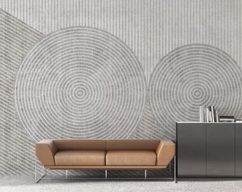 Modern Abstract Line Art Wall Mural, Neutral Gray Geometric Circles on Textured Background, Peel and Stick Wallpaper | Custom Size