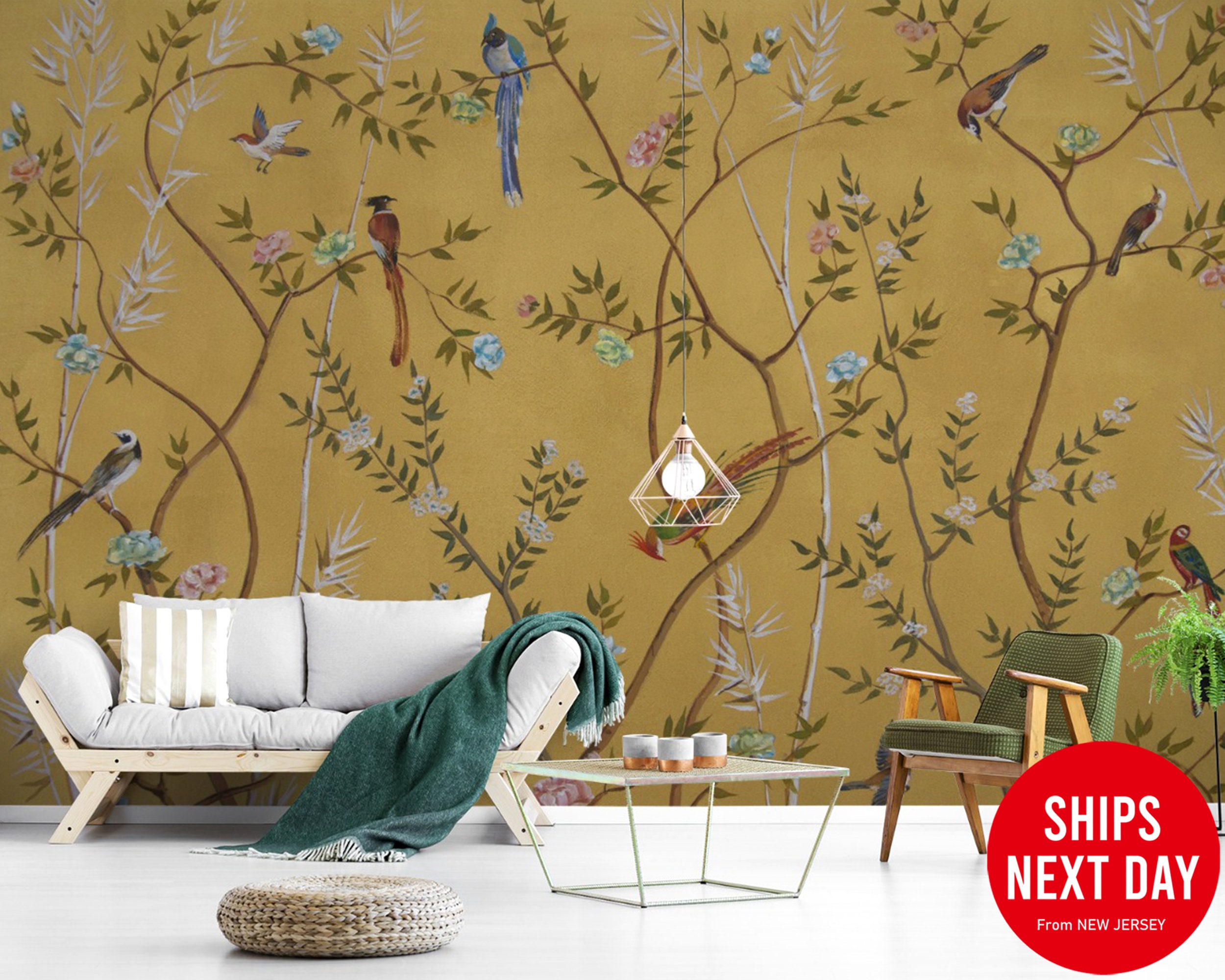 Birds and Flowers on Gold Wallpaper Pattern Wall Mural Etsy UK