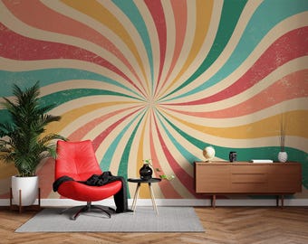 70s Retro Wave Wall Mural – Colorful Abstract Burst Wallpaper for Playful and Cheerful Interiors, Abstract Wallpaper Vintage Aesthetic
