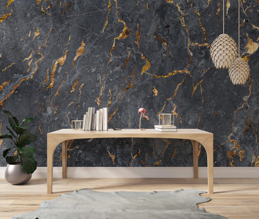 Luxury Black Marble Wall Mural – Elegant Gold Veining Design for Modern ...