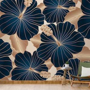 Navy Blue Gold Botanical Hibiscus Wallpaper – Luxurious Floral Wall Art for Interior Design, Living Room Accent, or Bedroom Statement