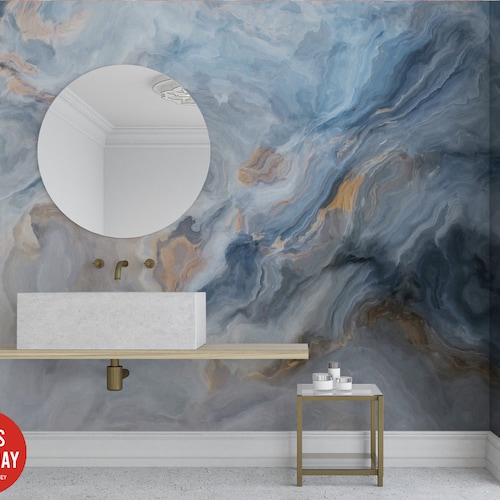 Blue Marble Mural Marble Wallpaper Removable Peel and Etsy