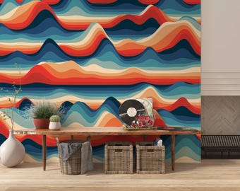 Vintage Fluid Line Art Wallpaper Teal Orange Beige Retro Wavy Accent Wall Mural