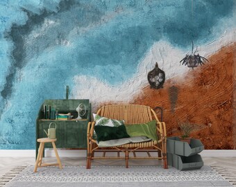 Modern Abstract Ocean Wave Wallpaper, Terracotta and Sky Blue Wall Mural, Easy Peel and Stick Wall Art for Interiors, Ocean and Beach Mural