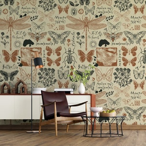 Vintage Moths, Butterflies and Leaves Wallpaper, Self Adhesive or Pasted, Botanical Wall Mural, Living room - Bedroom Wall Mural