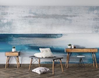 Coastal Abstract Wallpaper – Blue and White Textured Wall Mural with Tranquil Horizon Design, Water-Inspired Wallpaper Blue and White