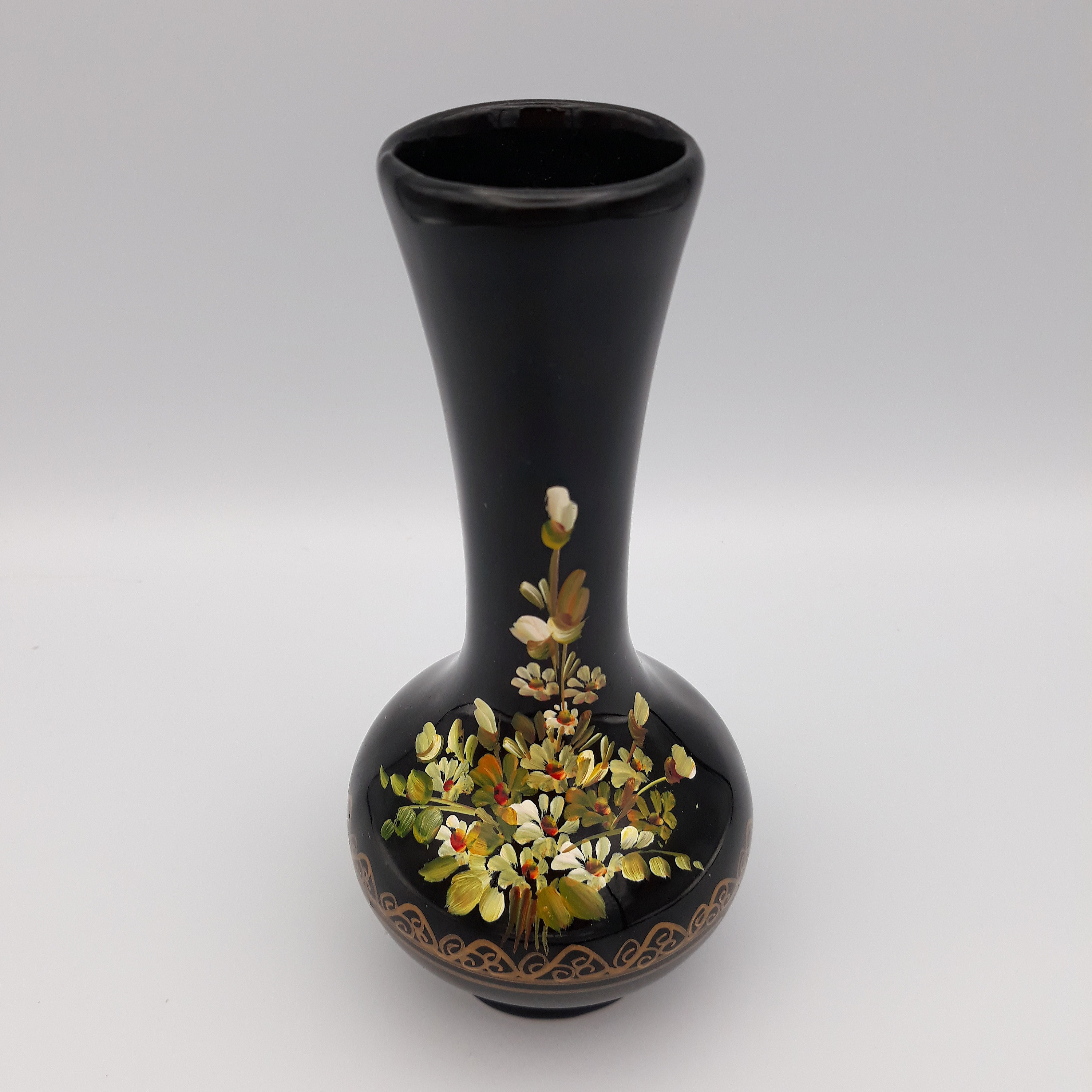 Vintage Black Bud Vase with Floral Pattern Hand Painted Bud Etsy