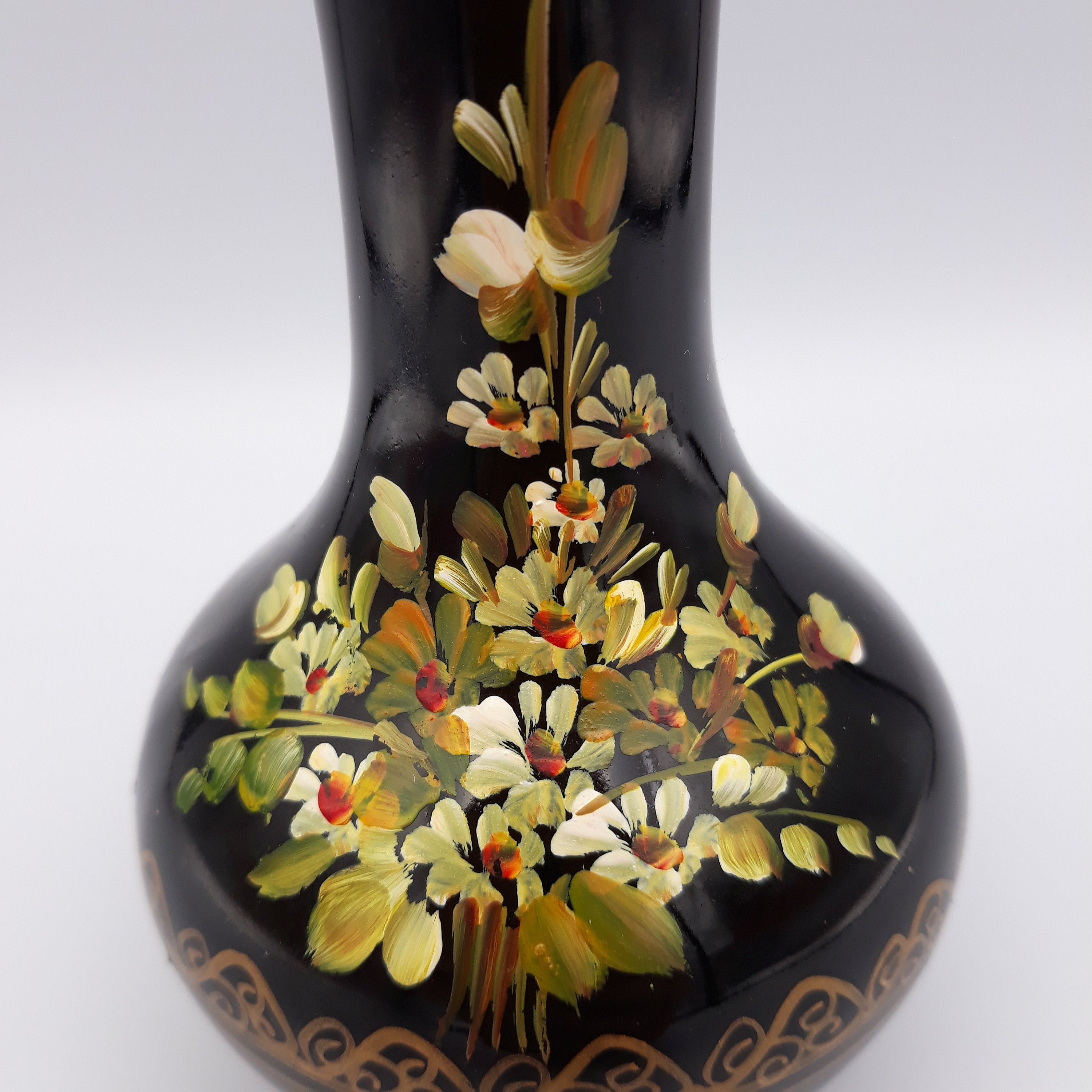 Vintage Black Bud Vase with Floral Pattern Hand Painted Bud Etsy