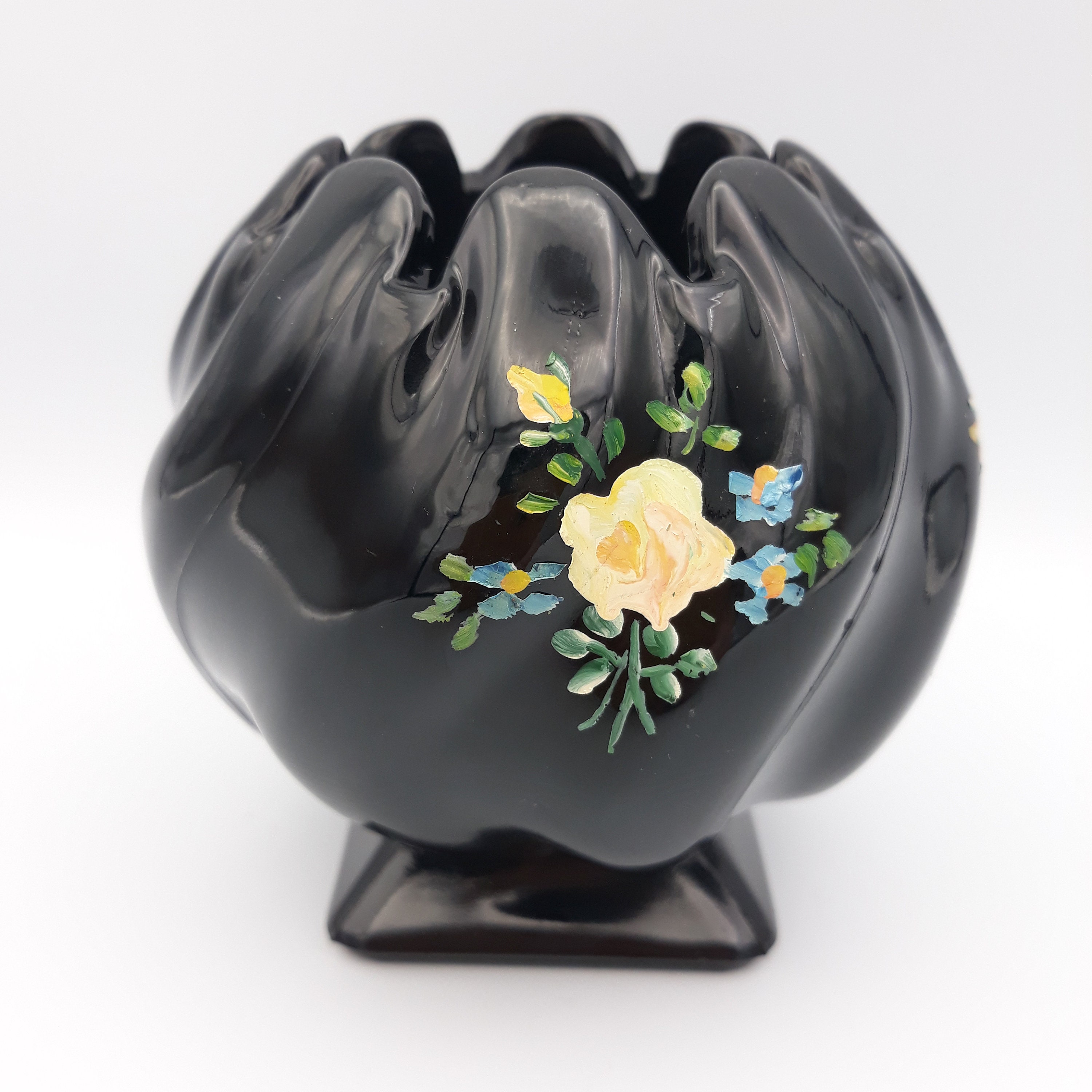 Vintage Black Pressed Glass Tulip Vase with Hand Painted Etsy