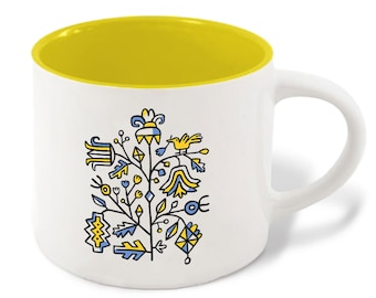 Ukrainian Ornament Mug, White Ceramic Mug, Ukrainian Gifts, Christmas Present, Blue and yellow, Ceramic mug 450 ml, Ukraine art, Coffee Cup