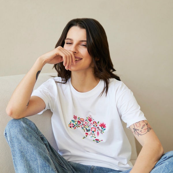 Ukrainian Map T-shirt, Ukraine Ethno culture, Art T-shirts, Folklore, White T-shirt ,National Symbol Of Ukraine, Gift Ukrainian ornament