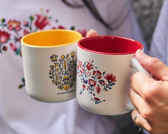 Ceramic mug set, Gift for Ukrainian, Folk style, Floral folk art, flower folk art, Ukraine ornaments, Cup set