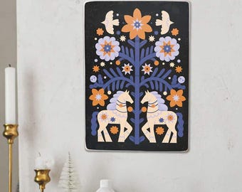 Horses decor, Wood poster with Folk Ornament, Art presents, Vintage poster art, Unique gifts, Wooden decor hunger