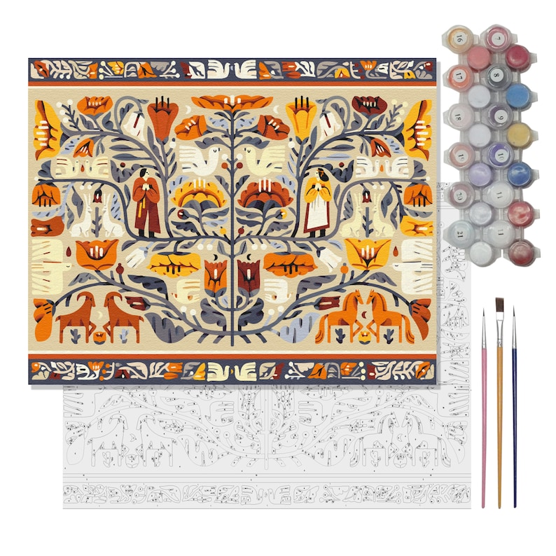 Peut inclure: Un kit de peinture par num&eacute;ros avec un motif floral et animalier d&eacute;taill&eacute; en beige, orange, jaune et bleu. Le kit comprend une toile, des pots de peinture num&eacute;rot&eacute;s et des pinceaux. Le motif repr&eacute;sente des oiseaux, des chevaux et des personnages.