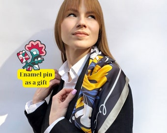 Gift for Easter, Scarf with Ukrainian ornament, Floral scarf for women, Made in Ukraine, Patriotic Gift, Hair/Head/Neck Scarf 70x70
