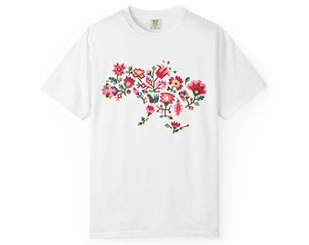 Floral Ukraine Map Illustration T-shirt | Pink Folk Flower Design