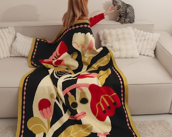 Large Black Woven Throw with Flowers, Cotton Blend Bed Cover, Floral Blanket, New Home Gift