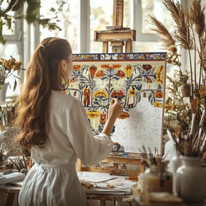 Folk Art Paint by Numbers Kit | DIY Tapestry Design Painting | Symmetrical Tree of Life Wall Art for Adults | Unique Creative Gift