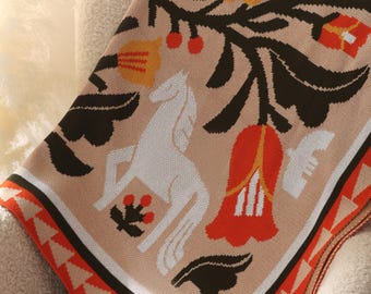 Horse Folk Art Throw Blanket, Botanical Cotton Blend Woven Throw, Modern Ethno Home Decor, Unique Gift for Horse Lovers