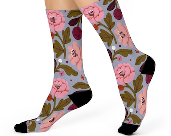 Purple Floral Pattern Crew Socks | Cute Flower Design