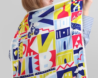 Kyiv City Silk Scarf – 27x27" Square Neck Scarf with Kyiv Landmarks, Illustrated Souvenir Gift from Ukraine